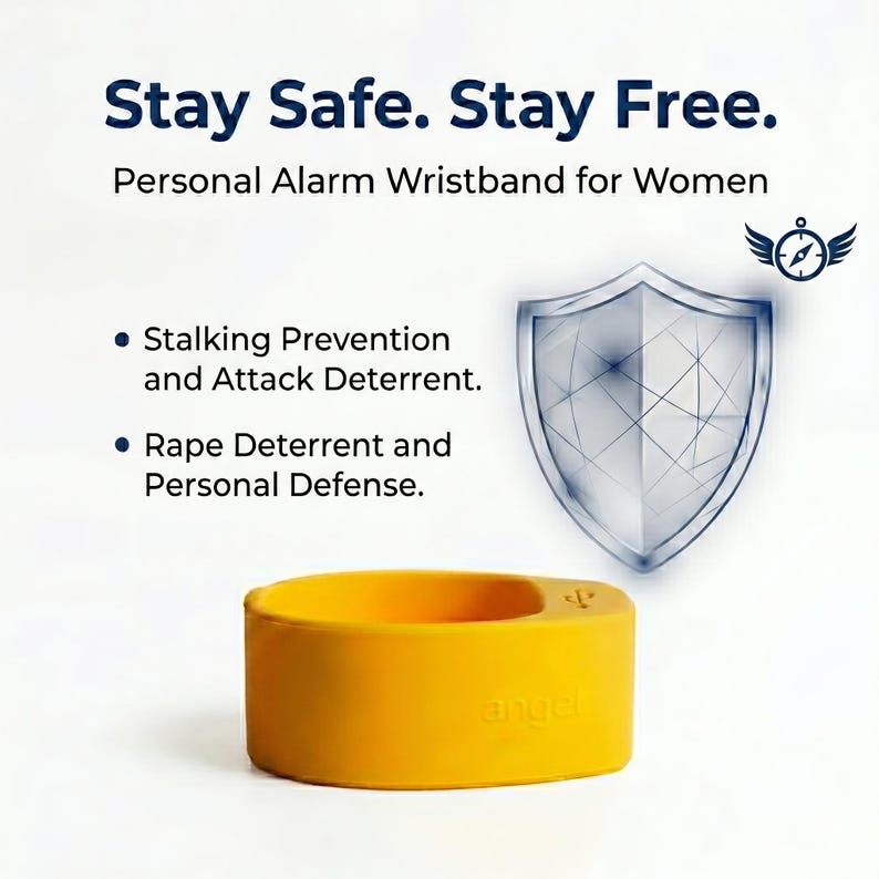 Peut inclure: Un bracelet en silicone jaune avec le mot angel en relief sur le c&ocirc;t&eacute; et une petite ic&ocirc;ne USB. Le texte indique Stay Safe. Stay Free. Personal Alarm Wristband for Women, Stalking Prevention and Attack Deterrent, et Rape Deterrent and Personal Defense.