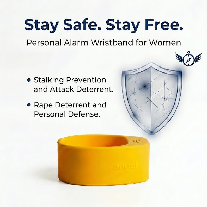 May include: A yellow silicone wristband with the word angel embossed on the side and a small USB icon. The text reads Stay Safe. Stay Free. Personal Alarm Wristband for Women, Stalking Prevention and Attack Deterrent, and Rape Deterrent and Personal Defense.