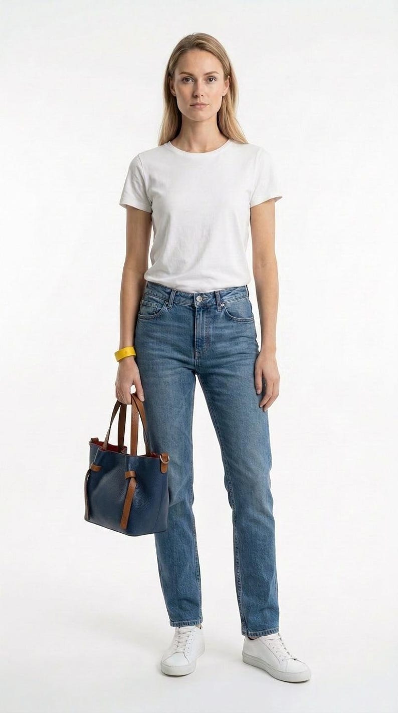 May include: A white crew neck t-shirt, blue denim jeans, white sneakers, a yellow wristband, and a navy blue handbag with brown leather handles and a red interior lining. The handbag features a knotted strap design on the front exterior.
