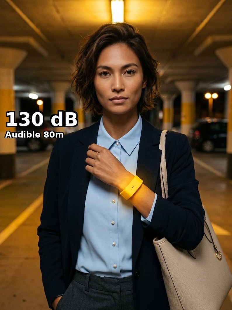 Peut inclure: Un bracelet jaune vif avec une lumi&egrave;re int&eacute;gr&eacute;e, port&eacute; au poignet. L'appareil affiche le texte 130 dB et Audible 80m. Le bracelet &eacute;met une lueur chaude, contrastant avec le blazer sombre et la chemise bleu clair port&eacute;s en dessous.
