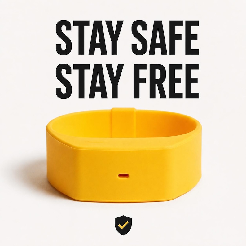Peut inclure: Un bracelet en silicone jaune vif avec le texte noir STAY SAFE STAY FREE imprim&eacute; au-dessus. Le bracelet pr&eacute;sente une petite d&eacute;coupe rectangulaire horizontale sur sa face avant et une petite ic&ocirc;ne de bouclier noir avec une coche jaune en dessous.