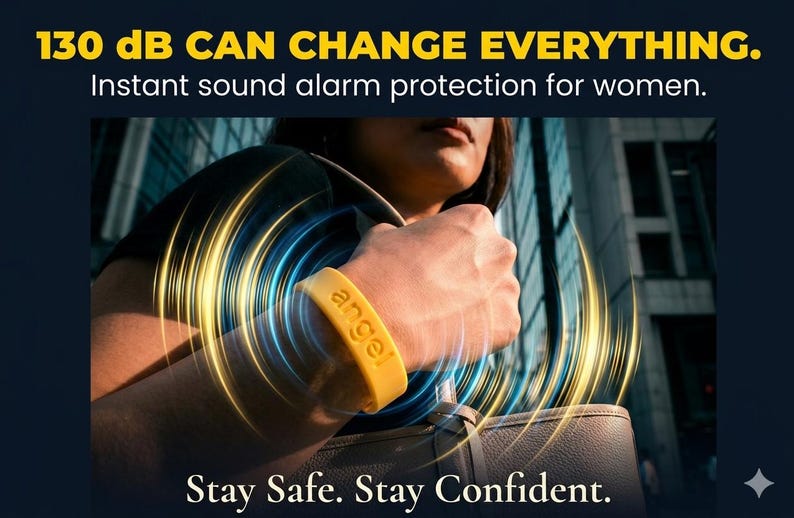 Peut inclure: Un bracelet jaune avec le mot angel en relief sur la surface. Le texte 130 dB CAN CHANGE EVERYTHING. Instant sound alarm protection for women. Stay Safe. Stay Confident. est affich&eacute; autour du produit, qui &eacute;met des ondes lumineuses jaunes et bleues.