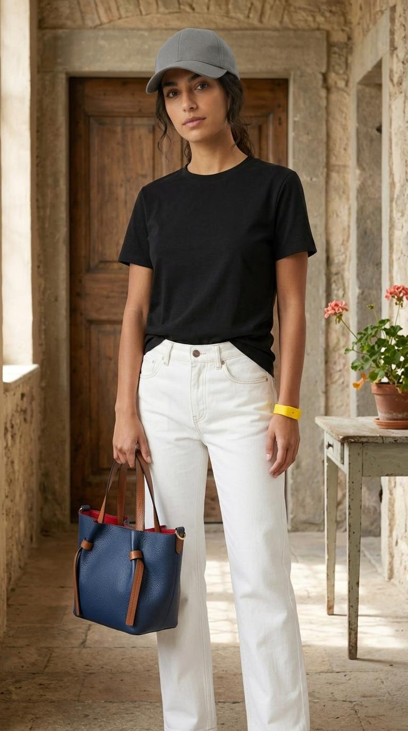 May include: A grey baseball cap, a black short-sleeved t-shirt, white denim jeans, and a navy blue bucket-style handbag with brown leather straps and a bright red interior lining. A yellow wristband is worn on the left wrist.