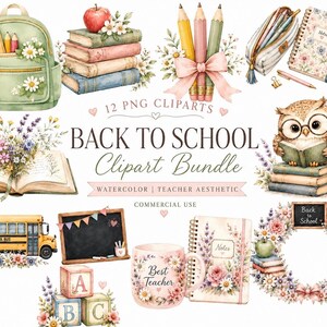 Back to School Watercolor Clipart Bundle, 12 Floral PNG Illustrations for Teachers