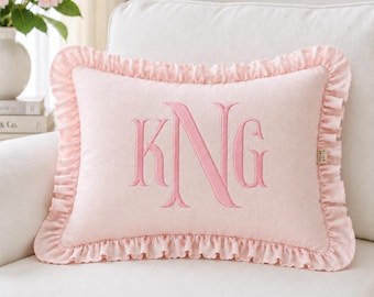 Personalized Embroidered Monogram Ruffle Pillow Cover, Custom Name Nursery Decor Cushion, Baby Room Decor, Dorm Room Pillow