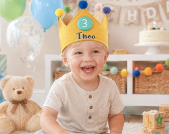 Embroidered Custom Name Linen Crown for Kids, Personalized Birthday Toddler Gift Keepsake for First Birthday Party and Special Occasions
