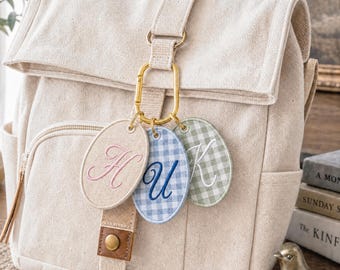 Embroidered Custom Name Initial Gingham Keychain, Custom Initial Bag Tag, Backpack Name Tag Bag for Kids, School Gift