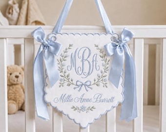 Embroidered Custom Name Monogram Baby Banner, Personalized Baby Nursery Decor, Embroidered Baby Name Banner for Baby Shower Gift