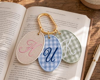 Embroidered Custom Name Initial Gingham Key Chain, Custom Initial Bag Tag, Backpack Name Tag Bag for Kids, School Gift