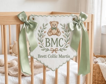 Embroidered Custom Name Bear Baby Banner, Personalized Baby Nursery Decor, Embroidered Baby Name Banner for Baby Shower Gift