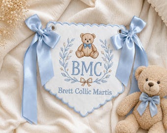 Embroidered Custom Name Bear Baby Banner, Personalized Baby Nursery Decor, Embroidered Baby Name Banner for Baby Shower Gift, Baby Gift