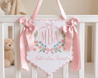 Embroidered Custom Name Monogram Baby Banner, Baby Announcement Banner, Embroidered Baby Name Banner for Baby Shower Gift