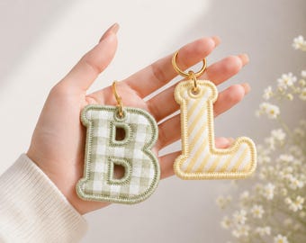Custom Embroidered Alphabet Bag Charm, Gingham Initial Keychain, Name Tag Party Favor Backpack Accessory, Backpack Name Tag Bag for Kids