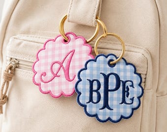 Embroidered Custom Name Monogram Gingham Name Tag, Personalized Bag Charm, Backpack Name Tag Bag for Kids, School Gift