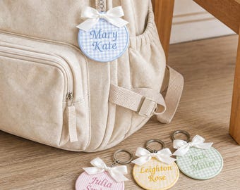 Embroidered Custom Name Gingham Bag Name Tag, Personalized Name Tag Bag, Back To School Name Tag Backpack Accessory, Name Tag Bag for Kids