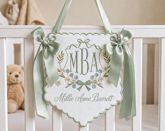 Embroidered Custom Monogram Baby Banner, Baby Announcement Banner, Embroidered Baby Name Banner for Baby Shower Gift