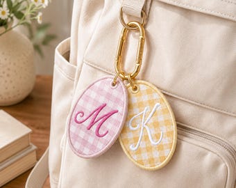 Embroidered Custom Name Gingham Keychain, Personalized Initial Bag Tag, Backpack Name Tag Bag for Kids, School Gift