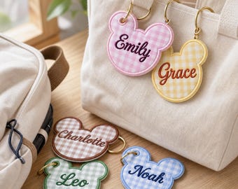 Embroidered Custom Name Gingham Bag Name Tag, Personalized Tag Bag, Back To School Name Tag Backpack Accessory, Name Tag Bag for Kids