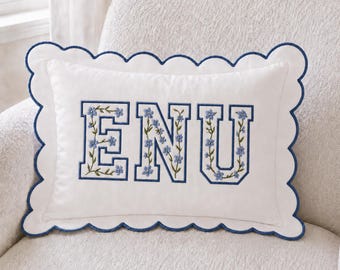 Personalized Embroidered Floral Letter Pillow Cover, Custom Name Nursery Decor Cushion, Baby Room Decor, Dorm Room Pillow