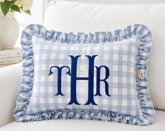 Personalized Embroidered Monogram GinghamPillow Cover, Custom Name Nursery Decor Cushion, Baby Room Decor, Dorm Room Pillow