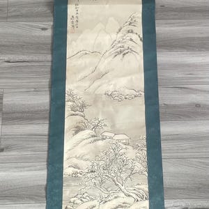 Authentic 1940 Antique Japanese Hanging Scroll Painting, "Sansui" Mountain Landscape Ink Art by Doko, Wabi-Sabi Zen Wall Decor, Large 77x17"