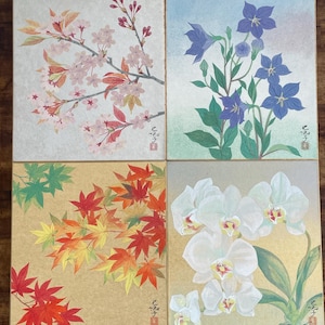 Set of 4 Vintage Japanese Nihonga Paintings, Four Seasons Flowers on Shikishi Board by Toyoko, Cherry Blossom, Maple, Orchid, Bellflower, 10