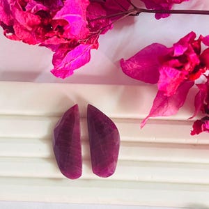 Op de afbeelding: Twee gepolijste, dieprode edelsteen cabochons, mogelijk robijnen, worden getoond op een wit oppervlak. De edelstenen zijn verticaal naast elkaar geplaatst. Heldere roze bougainvillea bloemen en bladeren vormen de achtergrond.