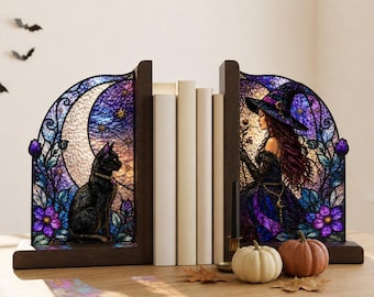 Witch and Black Cat Stained Glass Bookends, Gothic Halloween Bookshelf Decor, Halloween Gift
