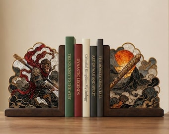 Sun Wukong Glas-Buchstützen, Buchhalter mit Holzsockel und Affenkönig-Motiv, Dekoration für Bücherregale im Stil der chinesischen Mythologie, Fantasiegeschenk für Bücherliebhaber