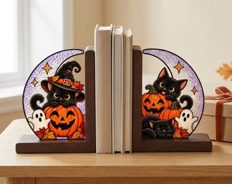 Halloween Glass Bookends, Black Cat Pumpkin Suncatcher Book Holder, Spooky Bookshelf Decor, Ghost Gift for Book Lovers