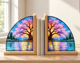 Kirschblüten-Buchstützen aus Glas, Lebensbaum-Sonnenfänger, Buchhalter „Sonnenuntergangssee“ mit Holzsockel, Geschenk für Bücherliebhaber