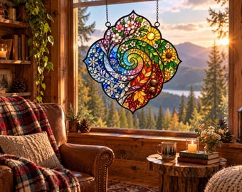 Glas-Sonnenfänger „Vier Jahreszeiten“, botanischer Fensterhänger, saisonale Naturglaskunst, Regenbogen-Lichtfänger, florale Fensterdekoration
