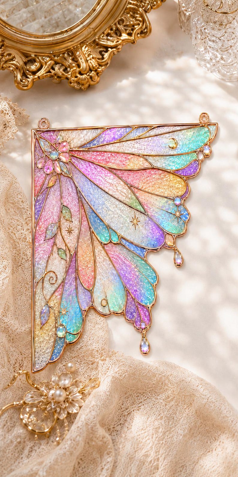 May include: A decorative wall hanging shaped like a single fairy wing with a gold metal frame. The wing features iridescent, multi-colored stained glass panels in shades of pink, blue, yellow, and green, accented with small star and moon charms.