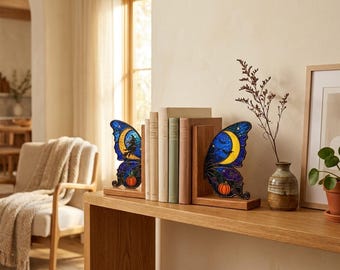 Halloween-Buchstützen aus Buntglas mit Schmetterlingsmotiv, Hexenmond-Buchhalter aus Glas mit Holzsockel, gotische Bücherregaldekoration, Halloween-Geschenk