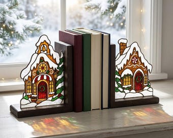 Weihnachtliche Lebkuchenhaus-Buchstützen aus Glas, Buchhalter aus dunklem Walnussholz, festliche Bücherregaldekoration, Geschenk für Bücherliebhaber