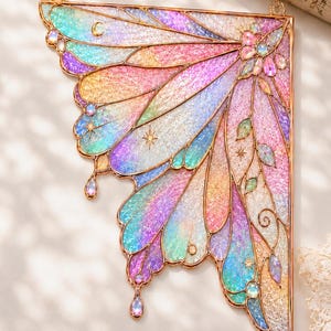 May include: A decorative wall hanging shaped like a single fairy wing with a gold metal frame. The wing features iridescent, translucent panels in shades of pink, blue, and yellow, accented with small star motifs, floral details, and hanging gems.