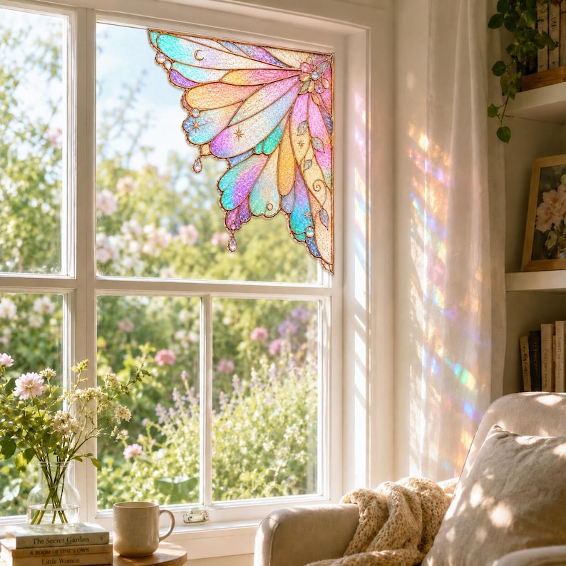 May include: A stained glass window decal featuring a wing-shaped design with iridescent pastel colors including pink, yellow, and blue. The piece displays intricate vein patterns, small star and moon motifs, and dangling crystal-like accents.