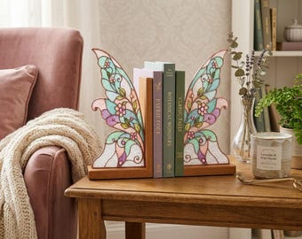 Buchstützen in Flügelform aus pastellfarbenem Buntglas, Schmetterlingsflügel-Buchhalter mit Holzsockel, Feen-Bücherregal-Dekoration, luxuriöses Geschenk für Bücherliebhaber in der Leseecke