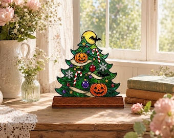 Halloween-Weihnachtsbaum-Glasdeko, Kürbis-Weihnachts-Tischornament aus Glas, Gruselige Weihnachtsbaumdeko, Halloween-Weihnachts-Akzent für Zuhause