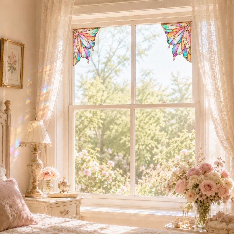 May include: Two decorative stained glass window corner accents featuring a fan-shaped design with vibrant segments in shades of pink, orange, yellow, blue, and purple, positioned in the upper left and right corners of a white window frame.