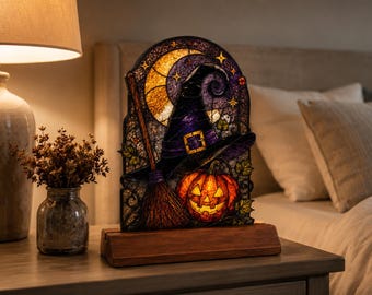 Halloween-Hexenkürbis-Glasdekoration, gotische Glas-Tischdekoration, Kürbis-Fensterdeko mit Hexenhut, Herbstliche Halloween-Deko-Geschenkidee, Fantasy-Glaskunst