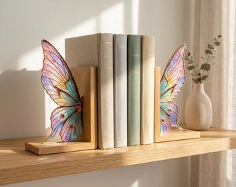 Butterfly Stained Glass Bookends, Wooden Base Glass Butterfly Wing Book Holder, Colorful Bookshelf Decor, Book Lover Gift for Women