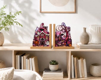 Halloween-Buchstützen aus Glas, rosafarbener Buchhalter in Form eines Spukhauses mit Holzsockel, gruselig-süße Bücherregaldekoration, Kürbis-Geist-Geschenk