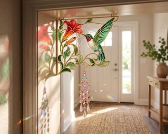 Hummingbird Stained Glass Suncatcher, Crystal Window Hanging, Corner Door Decor, Bird Lover Gift for Mom, Garden Rainbow Maker