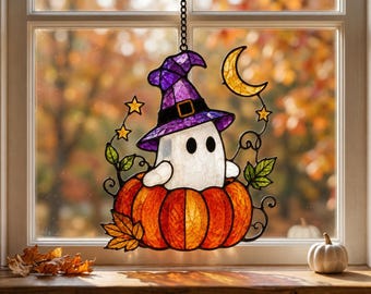 Halloween-Geister-Glas-Sonnenfänger, Kürbis-Hexe-Fensterhänger, niedliche gruselige Herbstdeko, Halloween-Geschenk für Geisterfans
