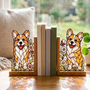 Könnte beinhalten: Bücherstützen mit Corgi-Hund-Motiv aus Buntglas. Die Buchstützen zeigen einen lächelnden Corgi mit orange, weißen und braunen Farben, umgeben von Blumen und einem Schmetterling. Die Buchstützen sind aus Holz und halten einen Stapel Bücher.