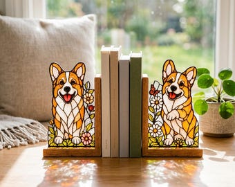 Corgis Buntglas Buchstützen, Holz Basis Hund Glas Buch Halter, Corgis Bücherregal Dekor, Hunde Liebhaber Geschenk, Niedliches Lese Nook Dekor