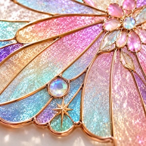May include: A decorative butterfly wing ornament featuring a gold metal frame filled with iridescent, glittery panels in shades of pink, purple, blue, and yellow. The design includes a central flower motif, a small star shape, and round gems.