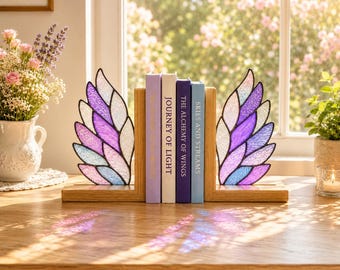 Glasmalerei-Flügel-Buchstützen, Holzbasis-Engelsflügel-Buchhalter, irisierendes Glas-Bücherregaldekor, Fantasy-Lesewinkel-Dekor, Buch-Liebhaber-Geschenk