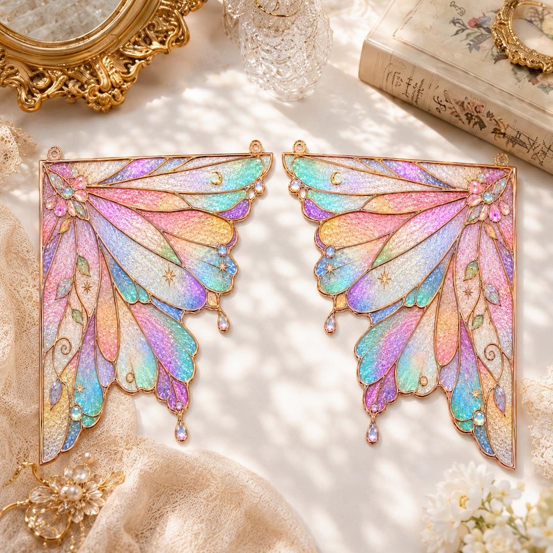 May include: A pair of decorative butterfly wings featuring a gold metal frame filled with iridescent, multi-colored resin in shades of pink, blue, yellow, and purple. The wings are adorned with small star and moon cutouts and dangling crystal accents.